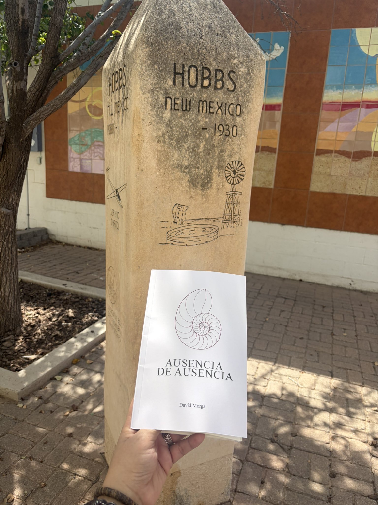 Una persona sostiene el libro en un espacio exterior.