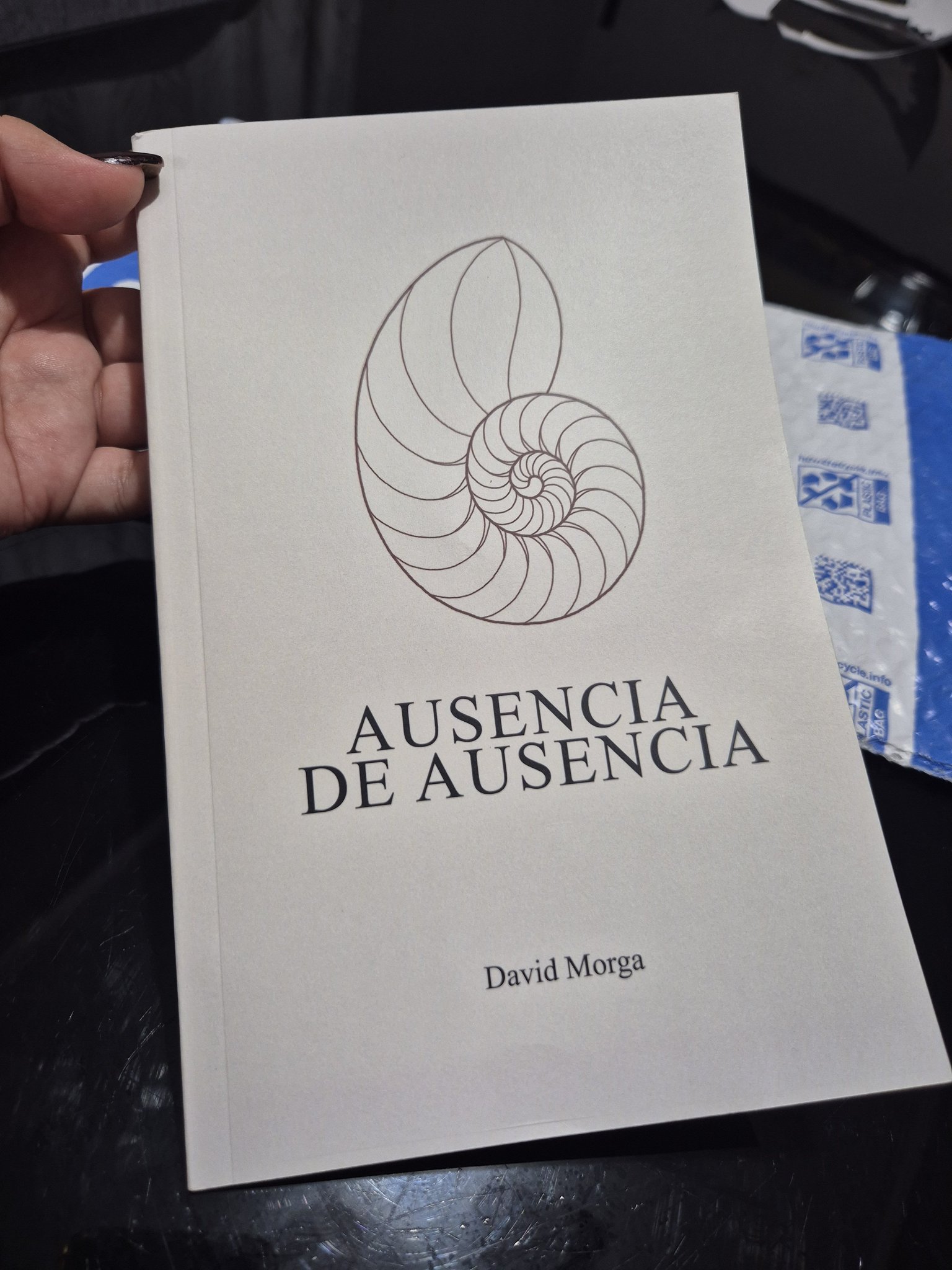 Una persona sostiene el libro con la portada hacia la cámara.